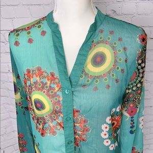 Desigual Sheer Boho Print Button Down Shirt w Mandarin Collar Green XL